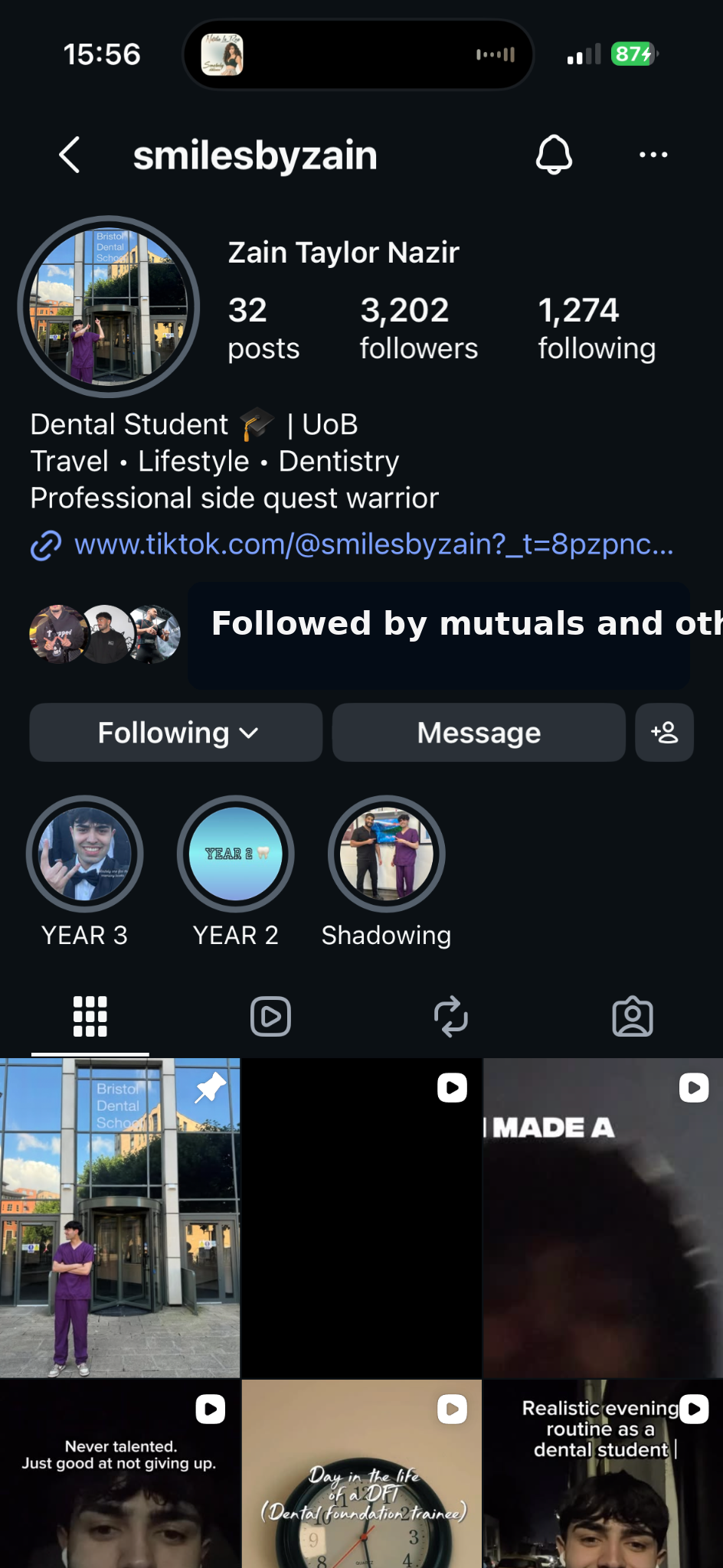 Screenshot of the SmilesbyZain Instagram profile